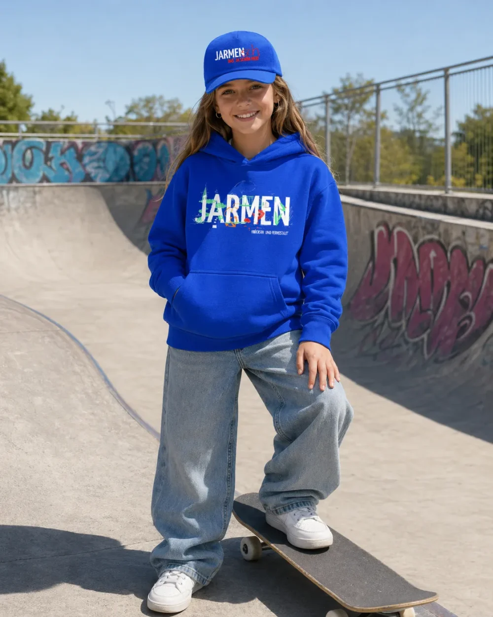JARMEN Kinder Hoodie und Kinder Cap royal Tragebild (KI-generiert) JARMEN Kinder Hoodie und Kinder Cap royal Tragebild (KI-generiert)