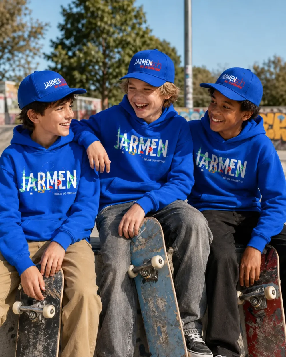 JARMEN Kinder Hoodie und Kinder Cap royal Tragebild (KI-generiert) JARMEN Kinder Hoodie und Kinder Cap royal Tragebild (KI-generiert)